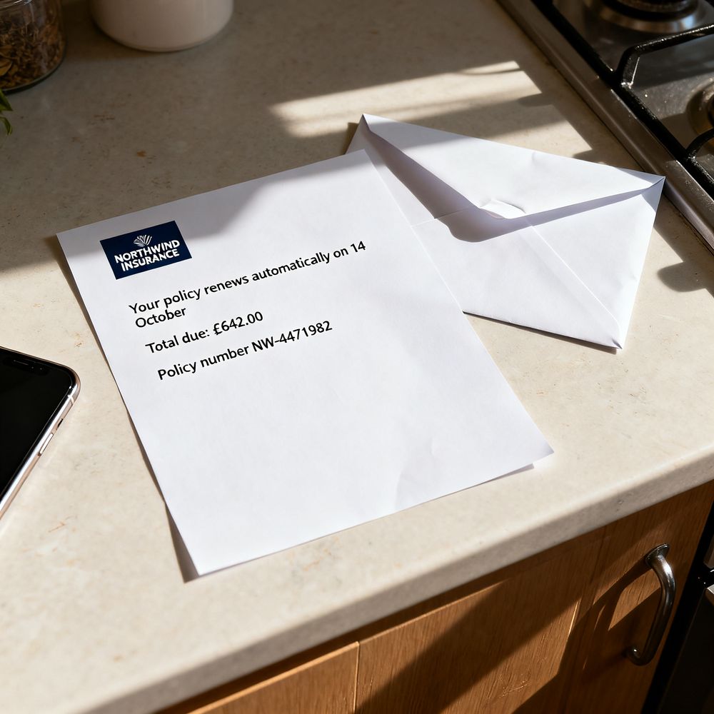 An insurance renewal letter reading: your policy renews automatically on 14 October, total due £642