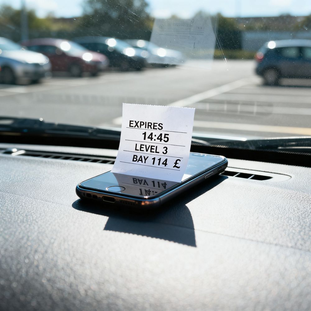A pay-and-display parking stub on a car dashboard reading EXPIRES 14:45, LEVEL 3, BAY 114
